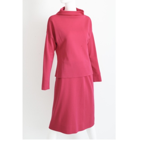 Bonnie Cashin for Sills Suit Pink Wool Knit Raglan Sleeve Top + Skirt Vintage - Picture 2 of 7